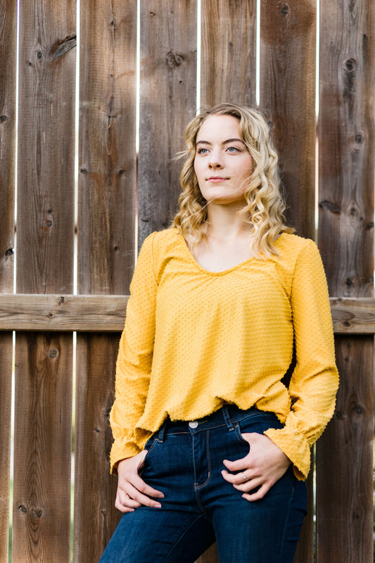 Swiss dot V neck top-Mustard