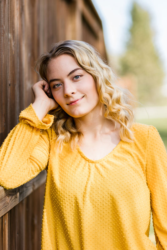 Swiss dot V neck top-Mustard