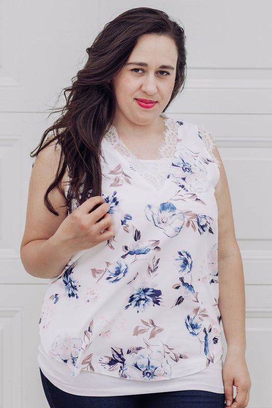 White V Neck Floral Tank